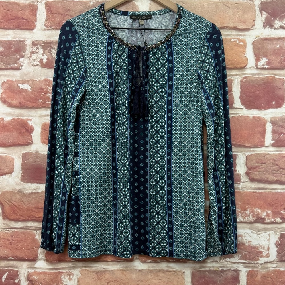 Rose & Olive Top Women's Small Blue Boho Floral Striped Beaded Neck Casual Shirt